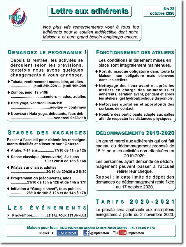 Lettre aux adhérents MPT MJC Chatou n°28