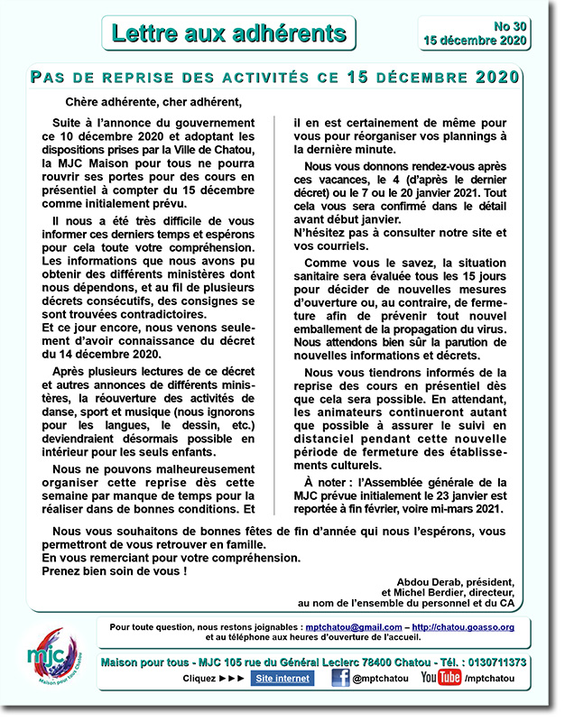 Lettre MJC-MPT Chatou n°30 - de décembre 2020
